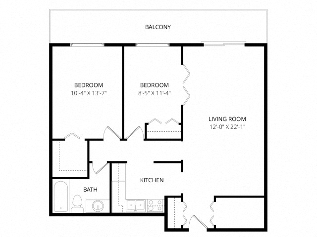 Floor plan for 2 beds, 1 bath, 820 sqft